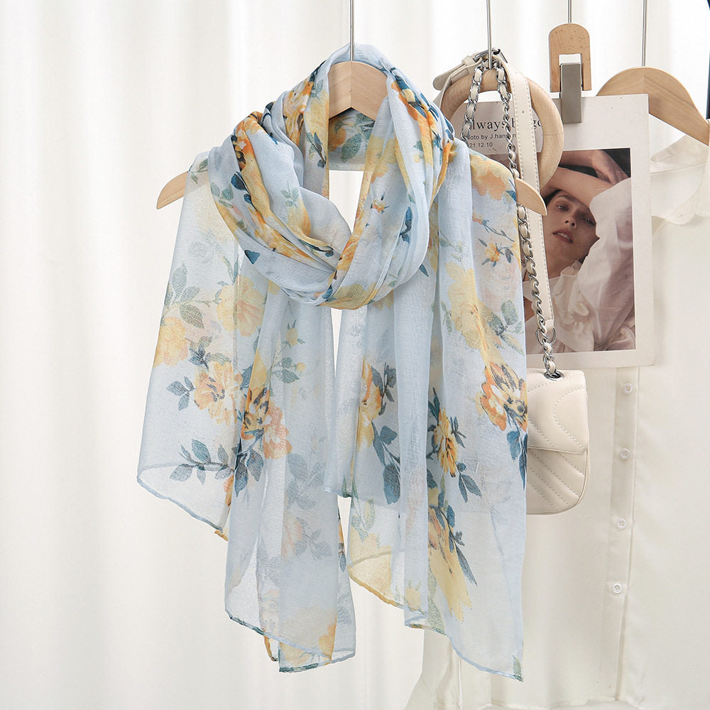 Elegant Light Blue Imported Floral Printed Summer Friendly Long Hijab / Orna
