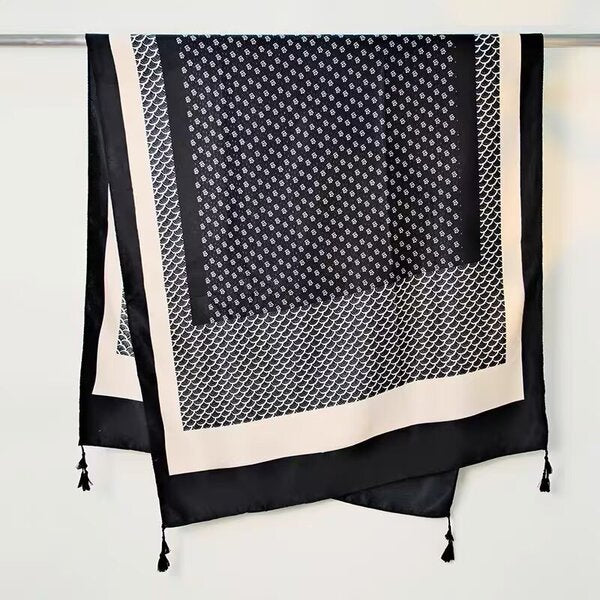 Stunning Black & Cream Ethnic Style Printed Summer Friendly Long Tassel Hijab / Orna