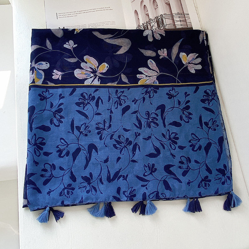 Blue black mixed floral printed tassel soft breathable long hijab / orna