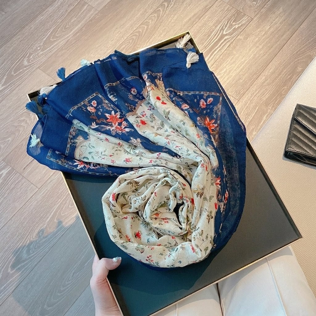 Elegant Navy Blue Floral Printed Imported Summer Friendly Long Tassel Hijab / Orna