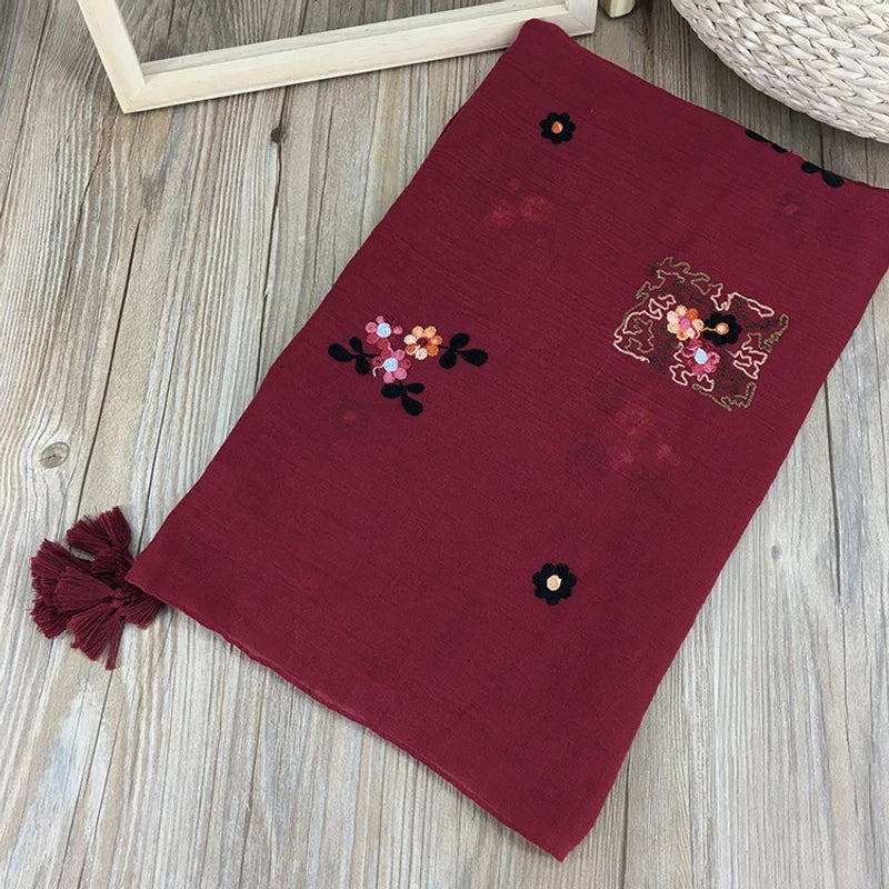 Gorgeous Maroon Color Embroidered Cotton Tassel Hijab/Orna