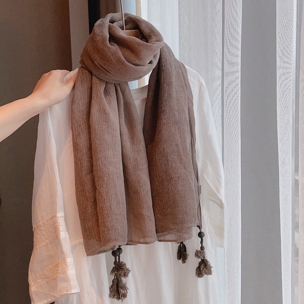 Classy Coffee Brown Soft Long Summer Friendly Imported Wooden Bead Tassel Cotton Hijab / Orna
