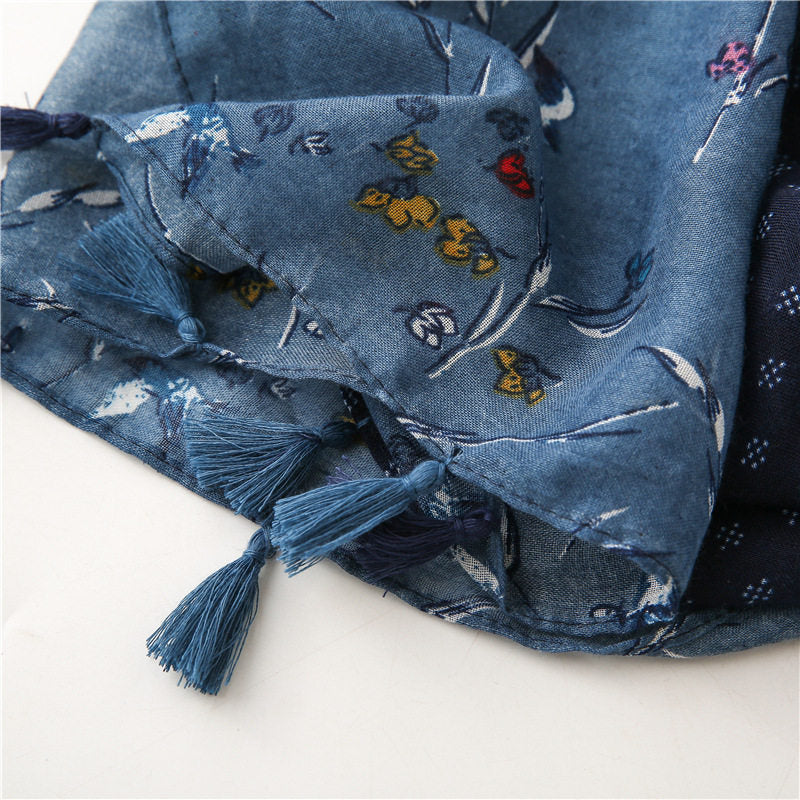 Elegant Dusty Blue Floral Printed Super Soft Long Summer Friendly Tassel Hijab / Orna