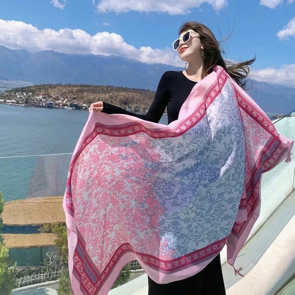 Pretty Pink Color Ethnic Style Printed Summer Friendly Long Tassel Hijab / Orna