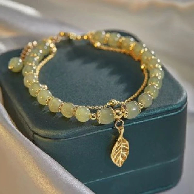 Chinese Style Green Jade Bracelet For Women Exquisite Gold Color Leaves Wrist Strap