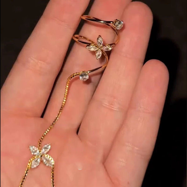 Sparkling Diamond Tassel Golden Imported Bracelet and Ring Integrated Light Luxury Ring Bracelet Hand Decoration Niche High-End Sweet Cool Style