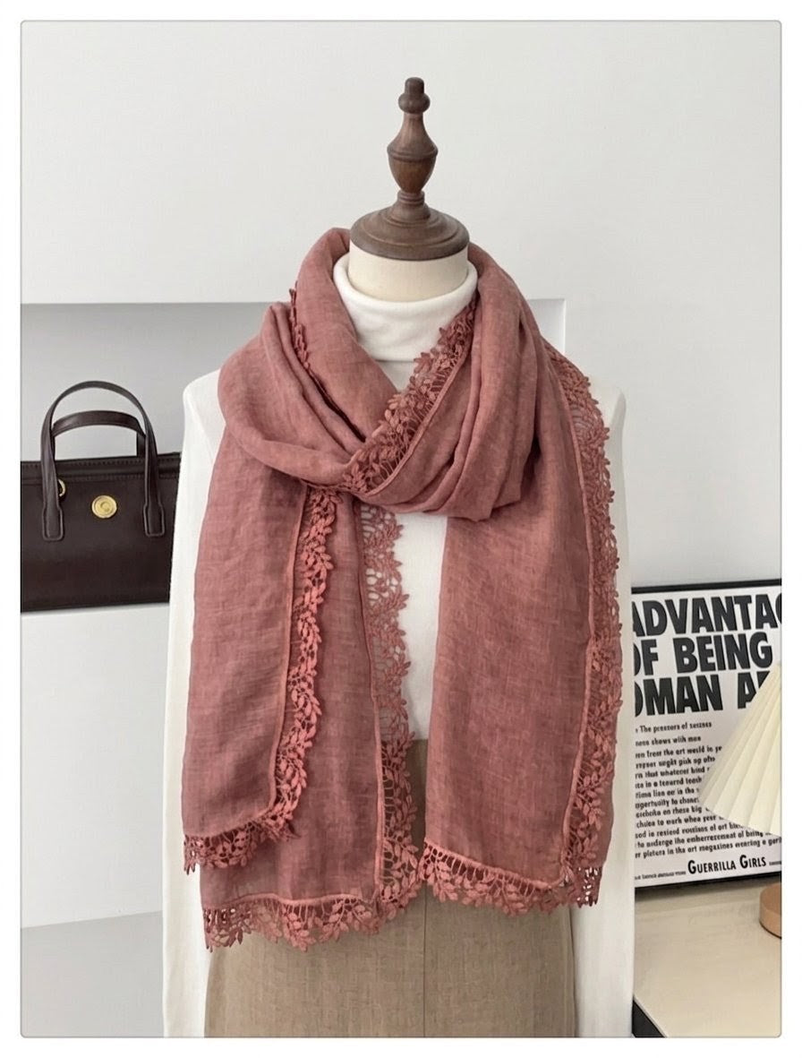 Fashionable Skin Powder Artistic Lace Edged Imported Premium Summer Friendly Cotton Hijab / Orna