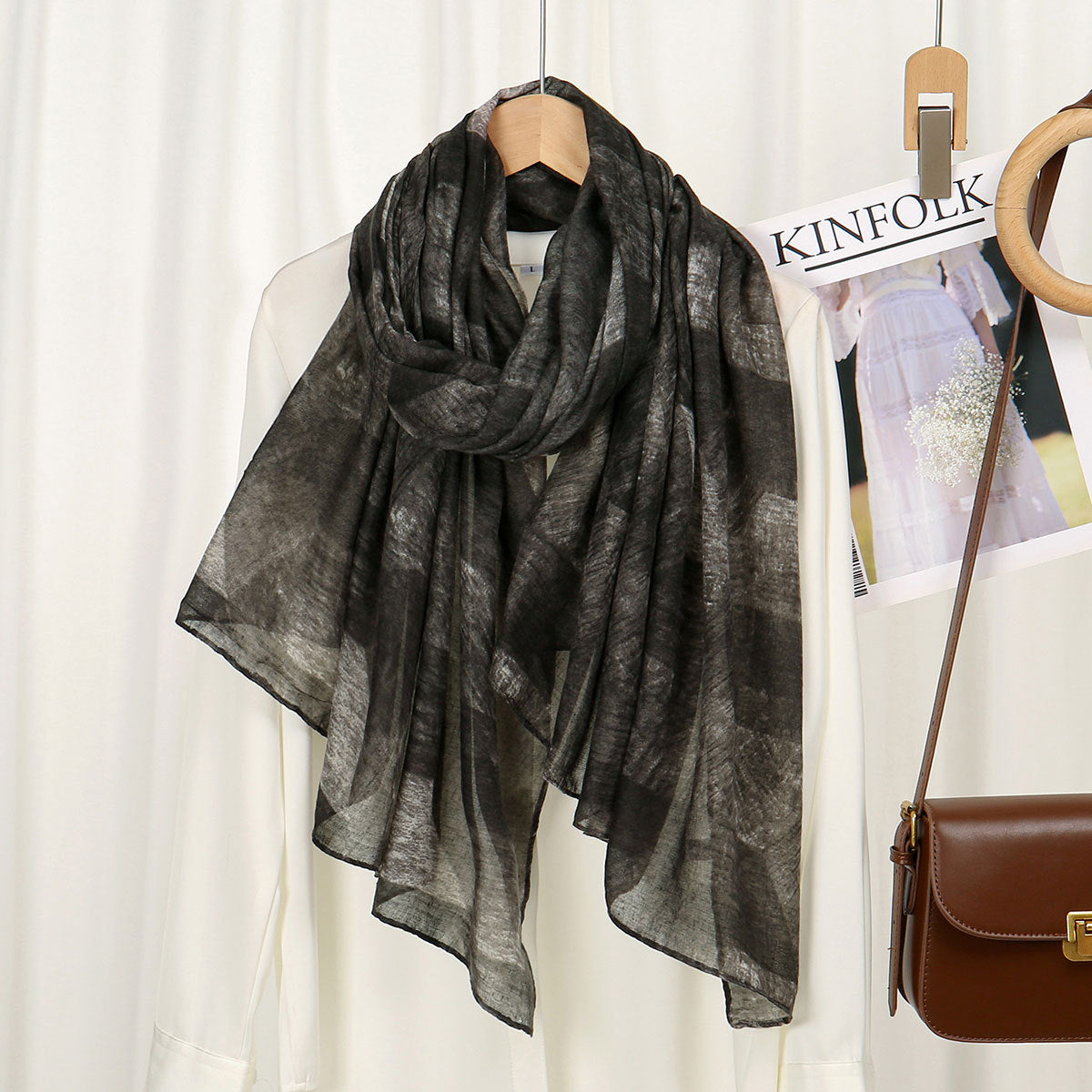 Classy Grey Vintage Artistic Hexagonal Bahar Print Voile Versatile Imported Long Hijab / Orna