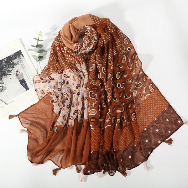 Stunning Caramel Color Floral Printed Super Soft Long Summer Friendly Tassel Hijab / Orna