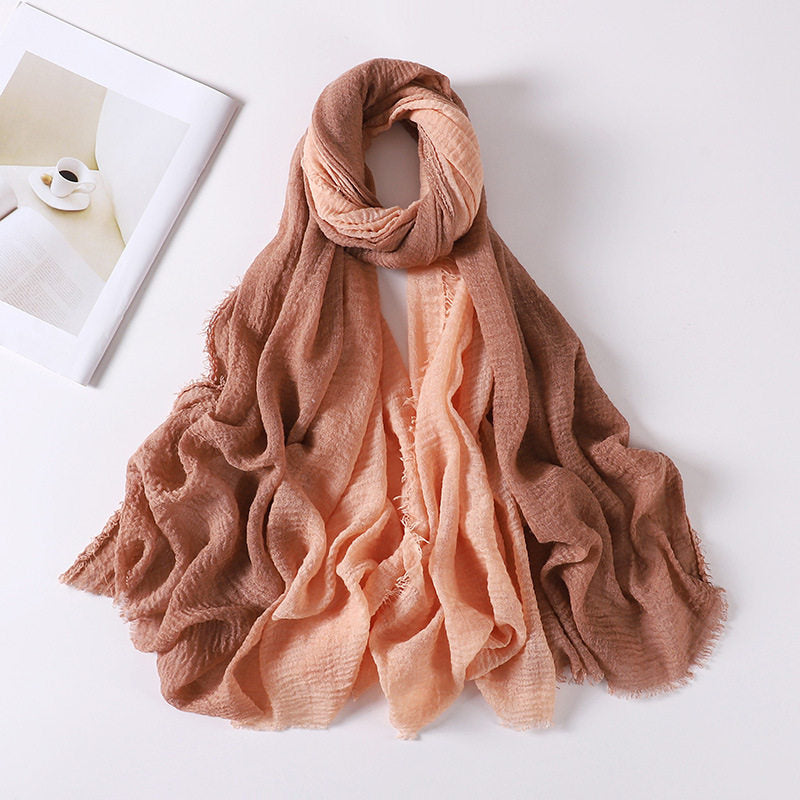 Fashionable Caramel And Peach Color Soft Gradient Natural Muslim Women Comfortable Imported Crinkle Cotton Hijab / Orna