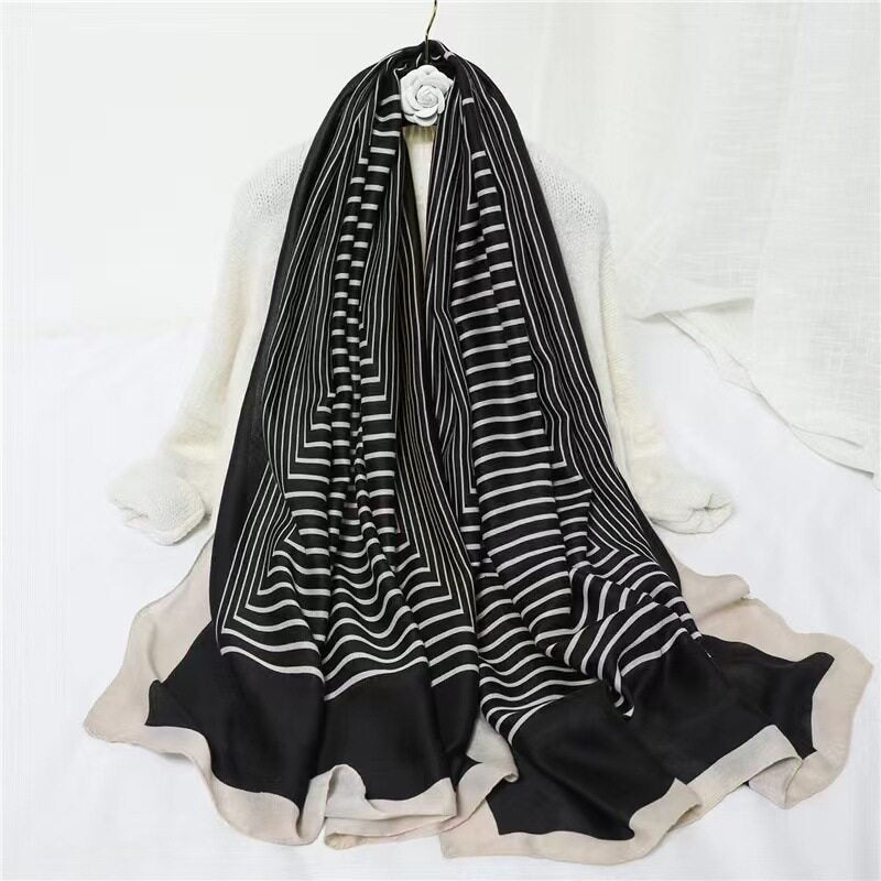 Elegant black white striped soft long viscose hijab / orna