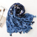 Blue black mixed floral printed tassel soft breathable long hijab / orna