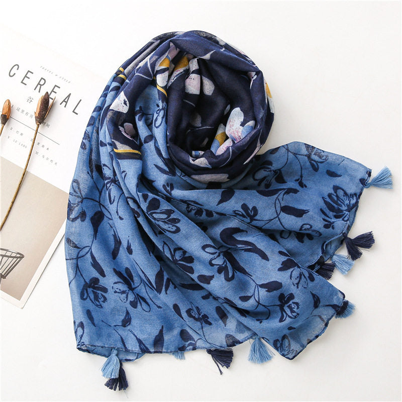 Blue black mixed floral printed tassel soft breathable long hijab / orna