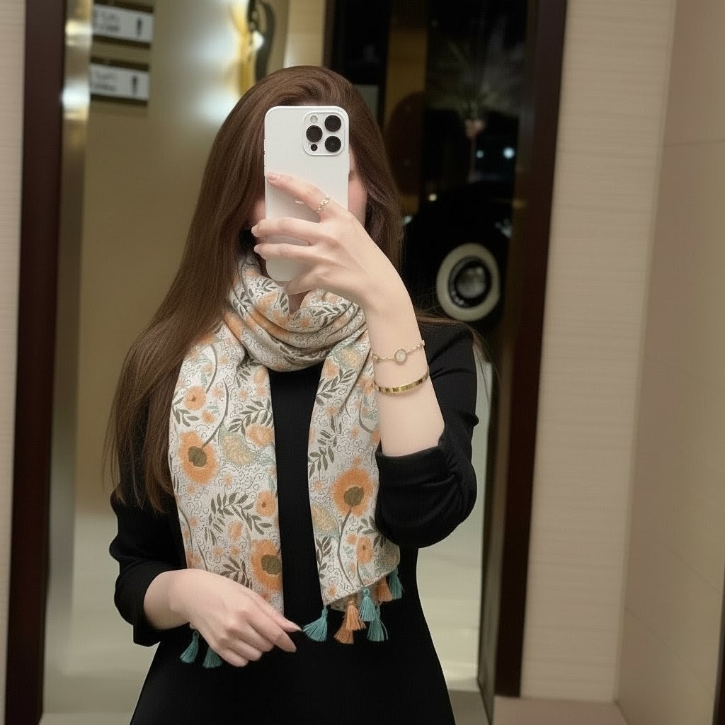 Stylish floral printed long soft tassel hijab