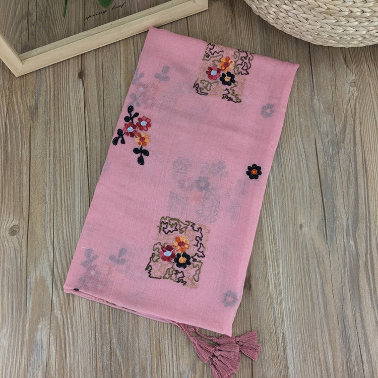Pretty Pink Color Ethnic Style Embroidered Tassel Cotton Hijab / Orna