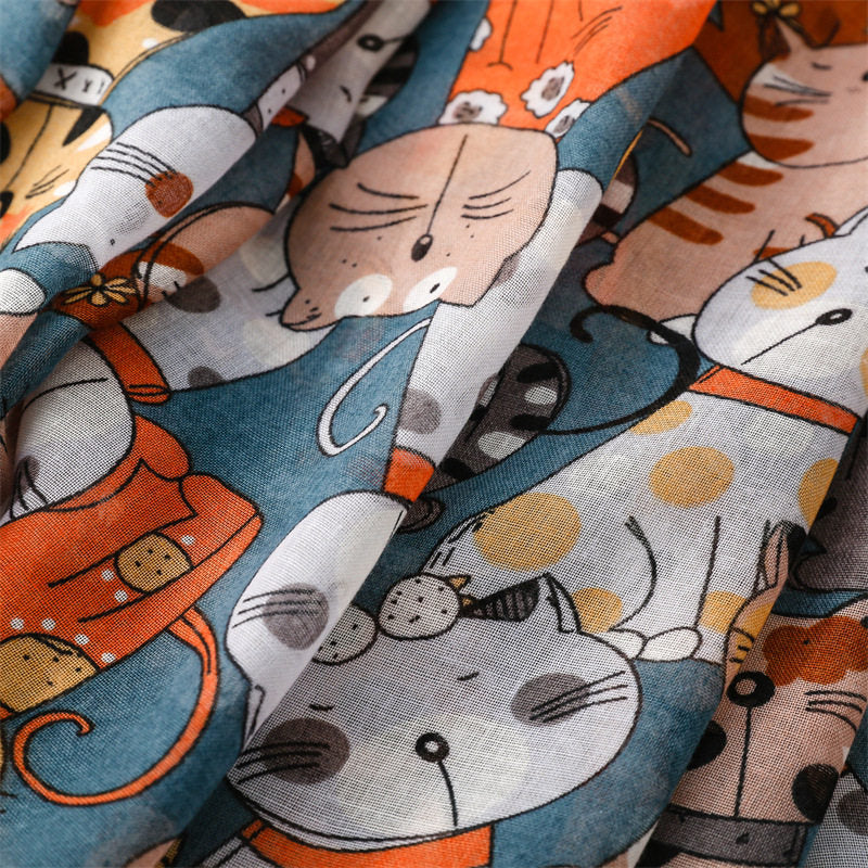 Colorful Cat Printed Soft Long Summer Friendly Tassel Hijab / Orna