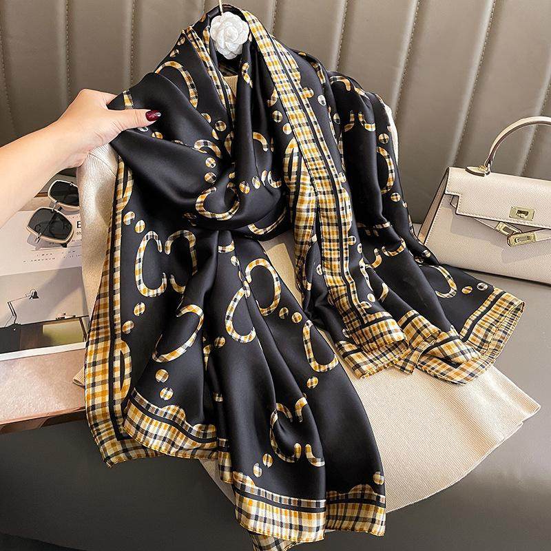 Imported black & golden color printed silk hijab / orna