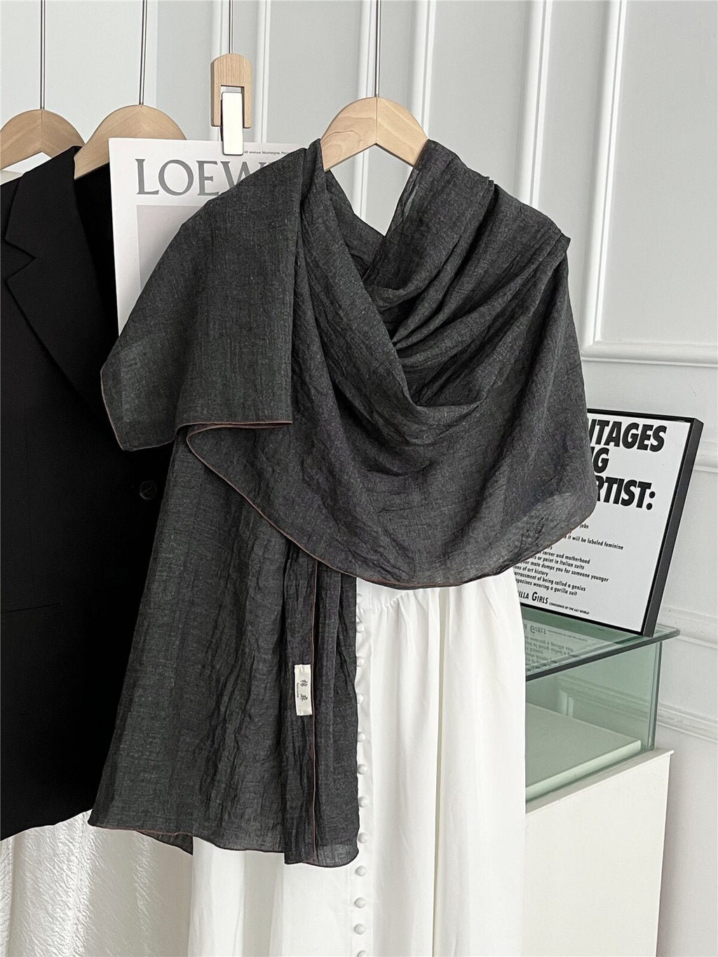 Stunning Black Gray Japanese-Style Imported Summer Friendly Long Wrinkled Cotton Hijab / Orna