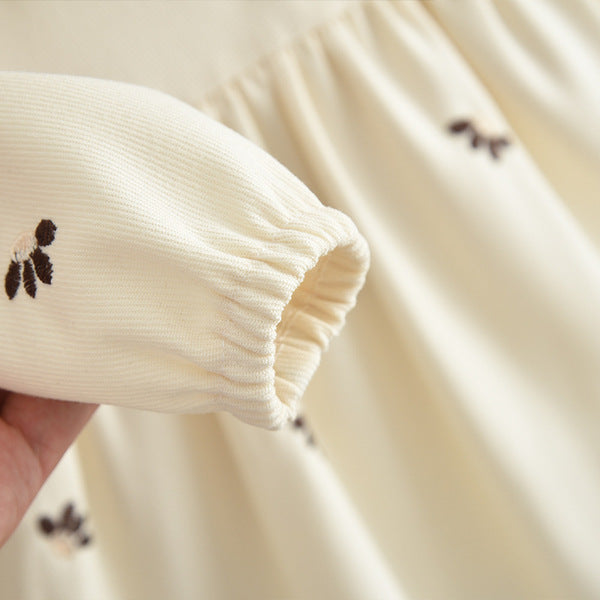Imported Baby Girl Flower Embroidered Beige Color Lapel New Baby Girl Long-Sleeved Pullover Princess Dress