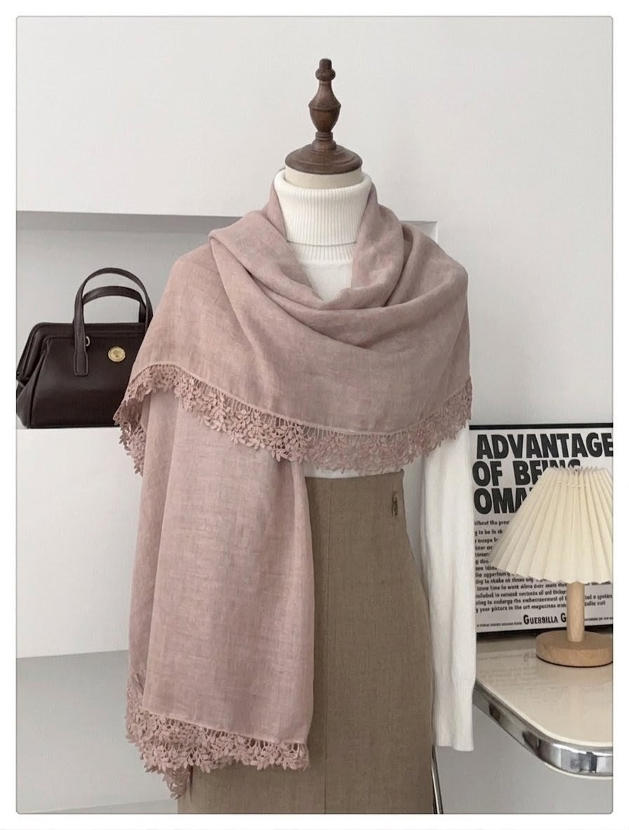 Lovely Blush Pink Artistic Lace Edged Imported Premium Summer Friendly Cotton Hijab / Orna