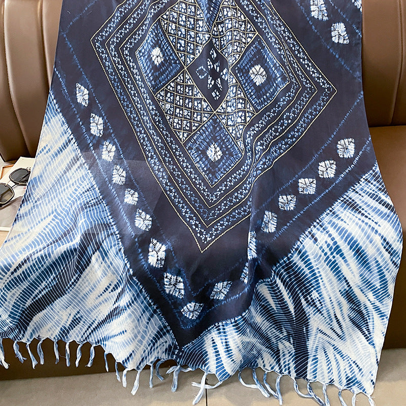 Ethnic Tie-Dye Style Buckle Women's Travel Sun Protection Yunnan Blue and White Literature Art Chinese Big Size Scarf / Hijab