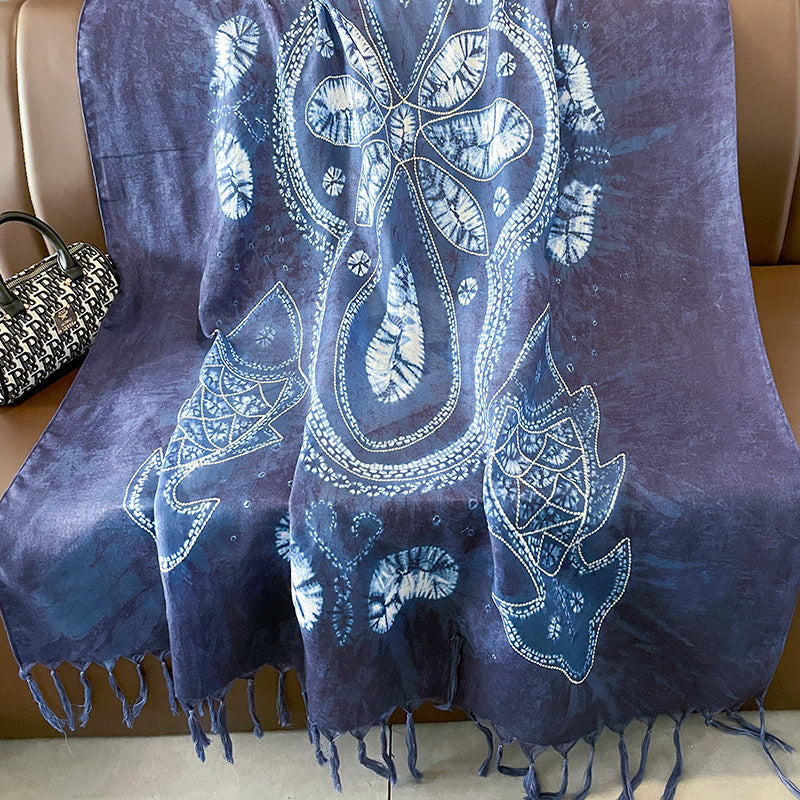 Ethnic Tie-Dye Style Buckle Women's Travel Sun Protection Yunnan Blue and White Literature Art Chinese Big Size Scarf / Hijab