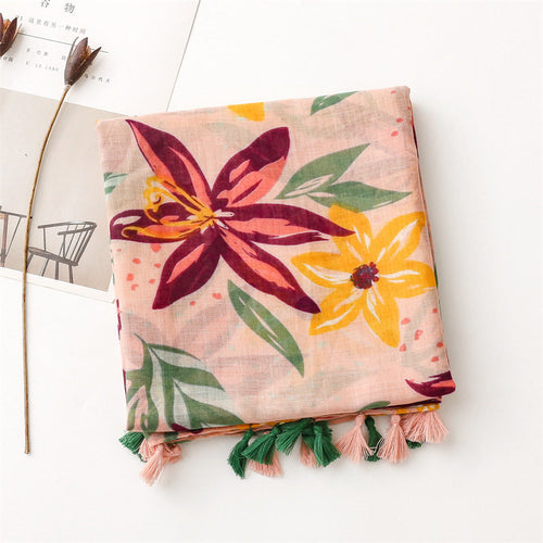 Beautiful Peach Color Floral Printed Imported Summer Friendly Long Tassel Hijab / Orna