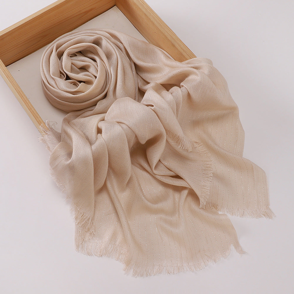 Fashionable Khaki Color High Quality Rayon Golden Striped Muslim Women's Shiny Soft Breathable Imported Long Hijab / Orna