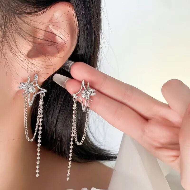 Crystal Star Chain Tassel Earrings