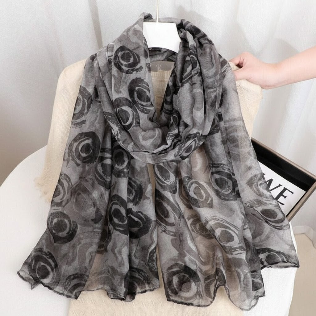 Fashionable Gray Color Imported Floral Printed Soft Long Hijab / Orna