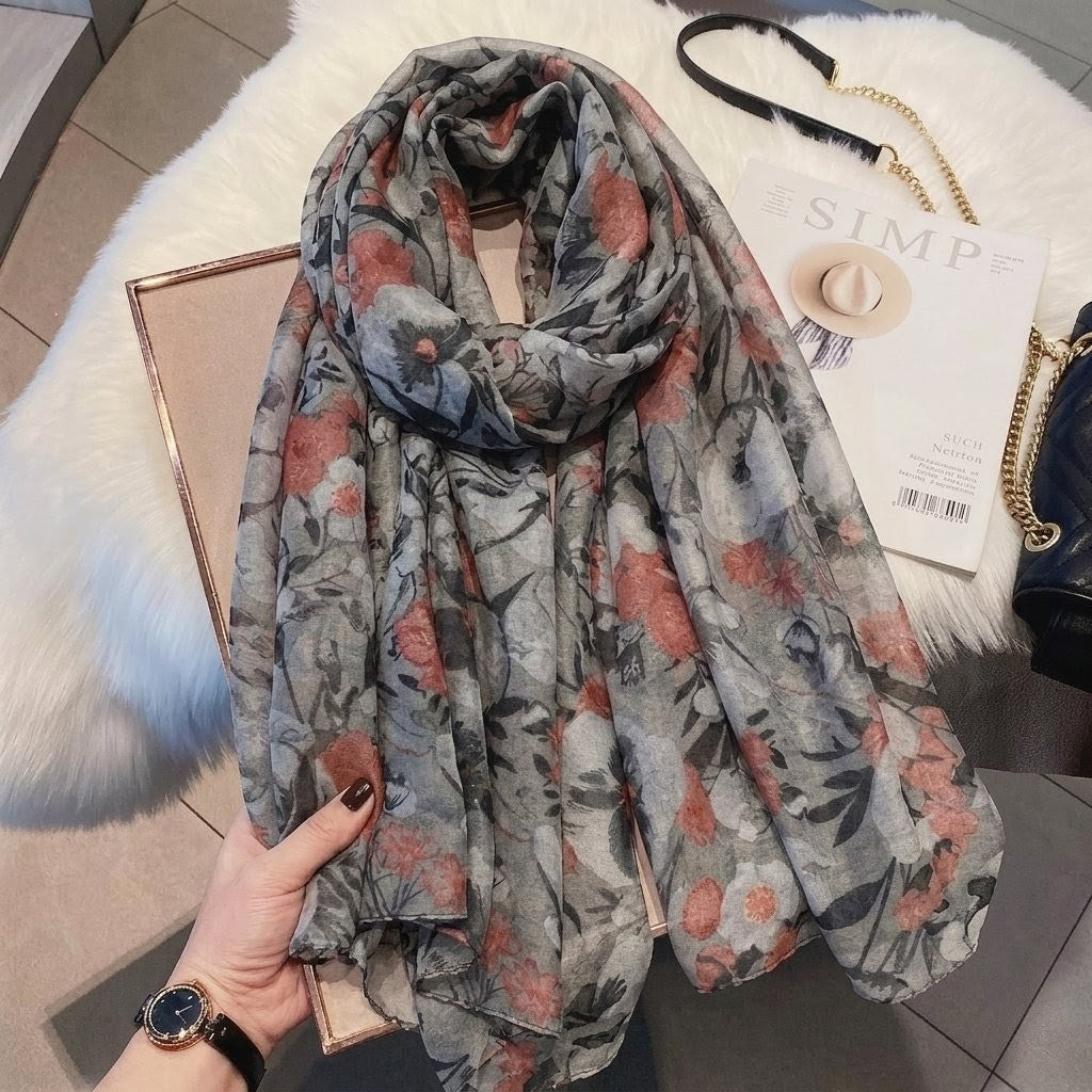 Stunning Grey Colour Floral Patterned Soft Lightweight Long Hijab / Orna