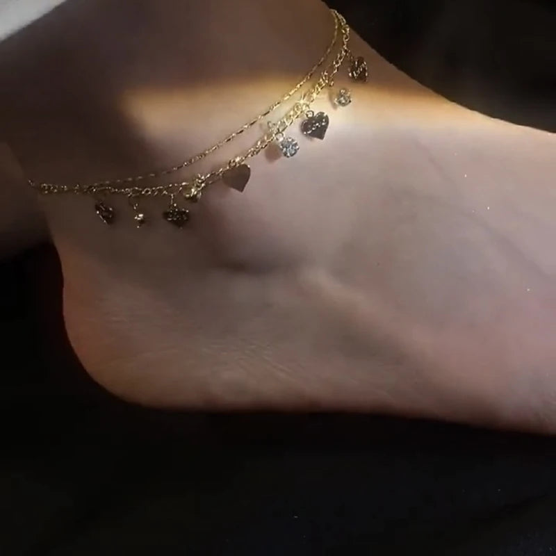 Gorgeous Love Shape Rhinestone Golden Color Double Layer Anklet