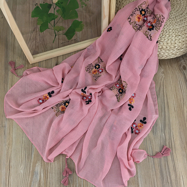 Pretty Pink Color Ethnic Style Embroidered Tassel Cotton Hijab / Orna