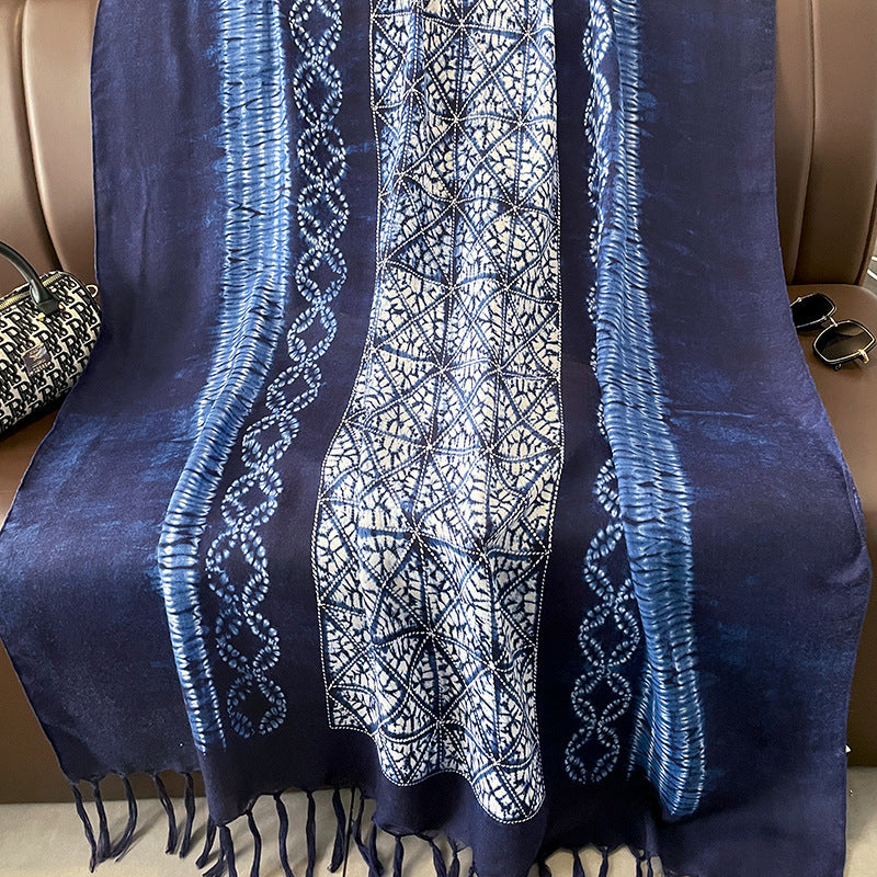 Ethnic Tie-Dye Style Buckle Women's Travel Sun Protection Yunnan Blue and White Literature Art Chinese Big Size Scarf / Hijab