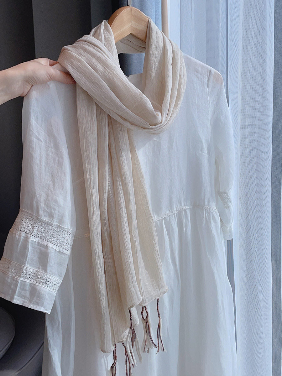 Sophisticated Off White Winding Tassel Cotton Hijab/Orna