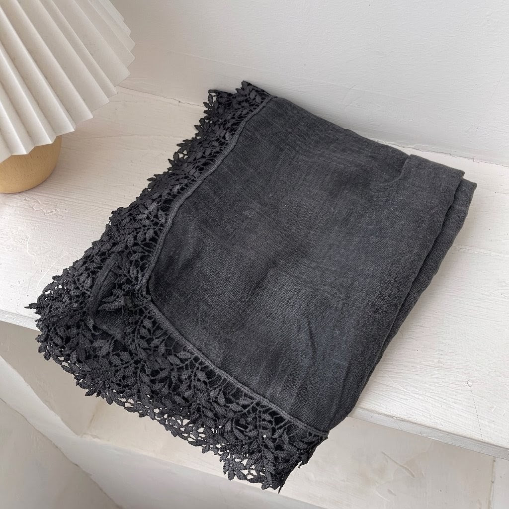 Elegant Dark Grey Artistic Lace Edged Imported Premium Summer Friendly Cotton Hijab / Orna