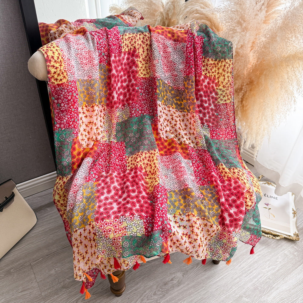 Colorful Bohemia Floral Patchwork Long Soft Imported Summer Friendly Tassel Hijab / Orna