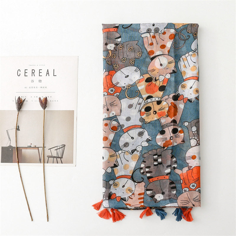 Colorful Cat Printed Soft Long Summer Friendly Tassel Hijab / Orna