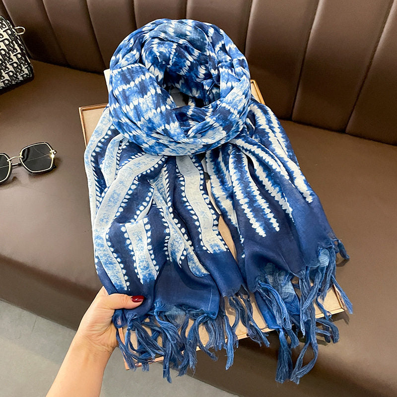 Ethnic Tie-Dye Style Buckle Women's Travel Sun Protection Yunnan Blue and White Literature Art Chinese Big Size Scarf / Hijab