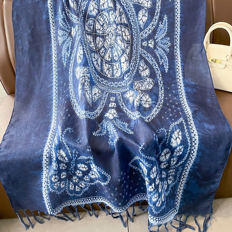 Ethnic Tie-Dye Style Buckle Women's Travel Sun Protection Yunnan Blue and White Literature Art Chinese Scarf / Hijab