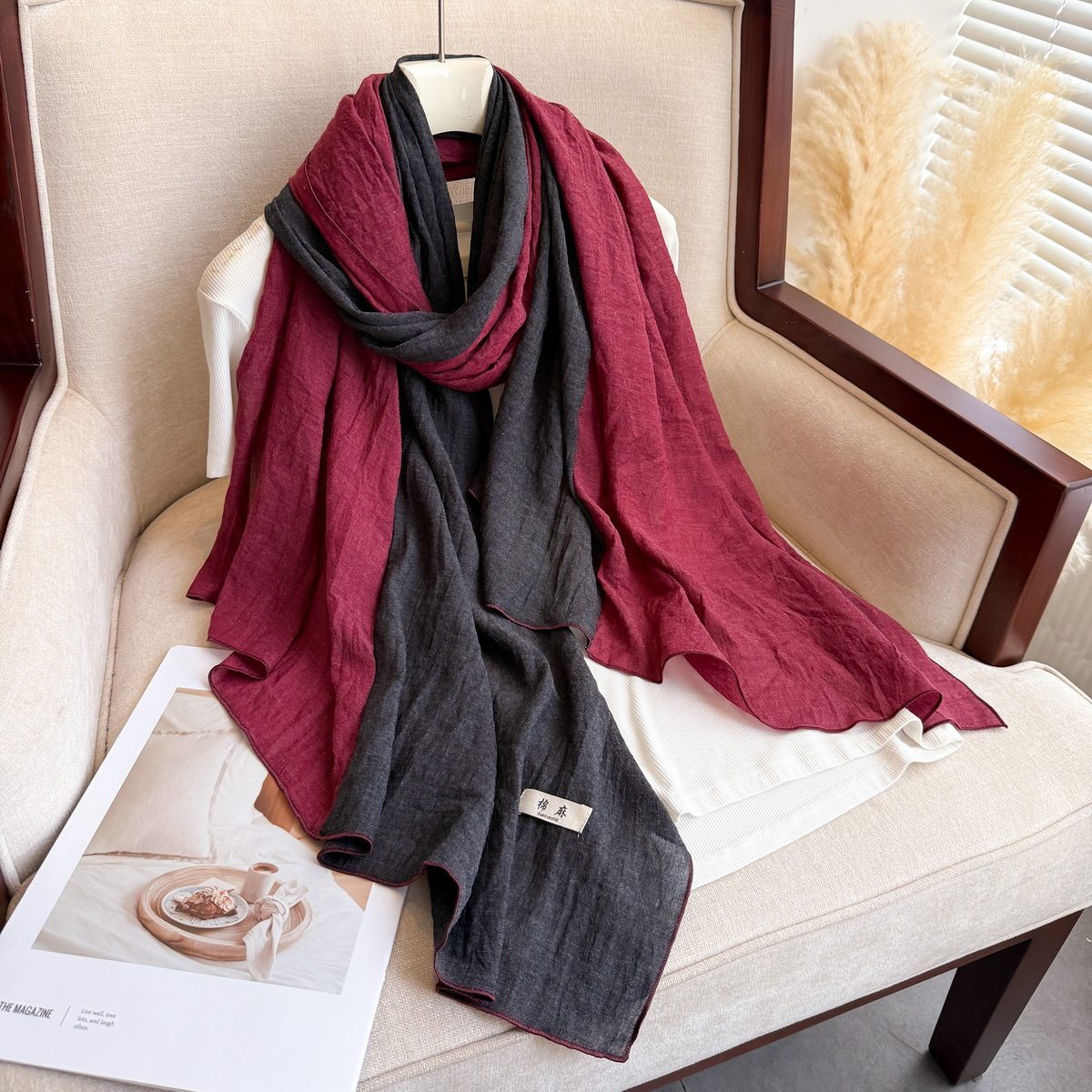 Gorgeous Burgundy Gray Color Gradient Color Japanese-Style Imported Wrinkled Cotton Long Hijab / Orna with Contrasting Patchwork