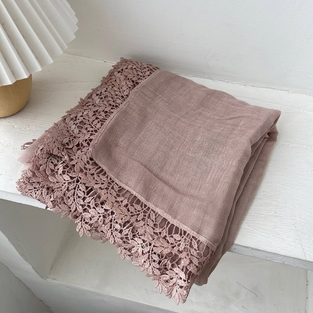 Lovely Blush Pink Artistic Lace Edged Imported Premium Summer Friendly Cotton Hijab / Orna