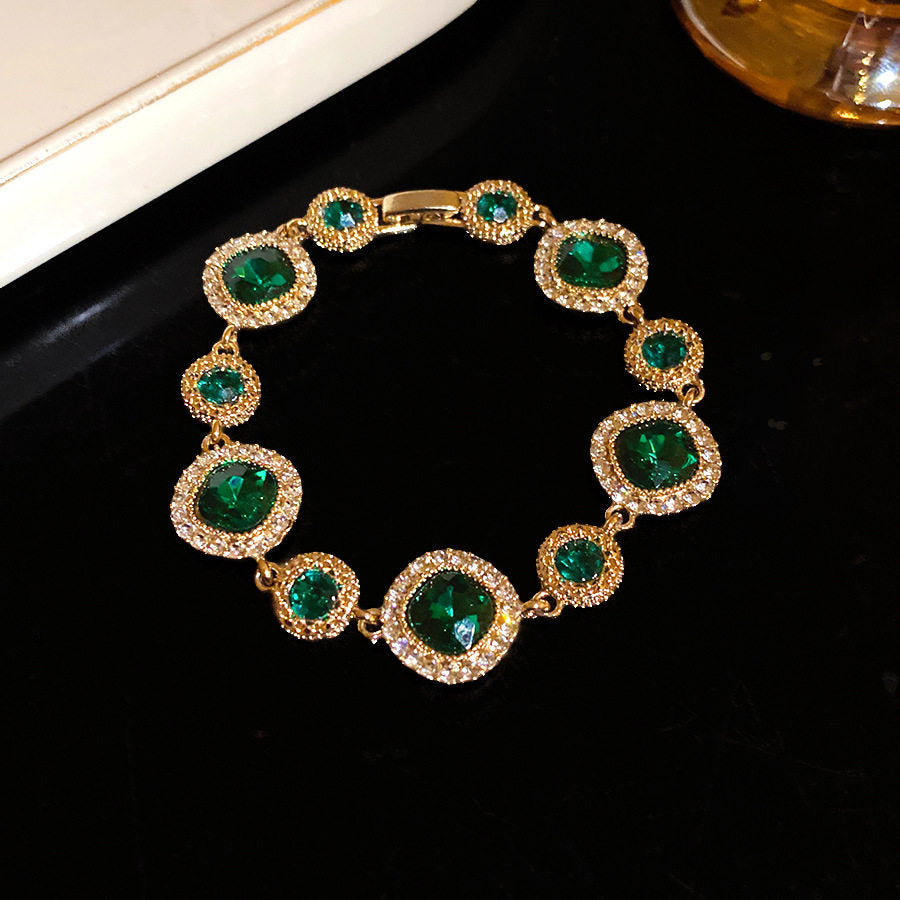 Beautiful Dopamine Diamond-Encrusted Square Geometric Buckle Gold-Green Imported Light Luxury and High-End Bracelet