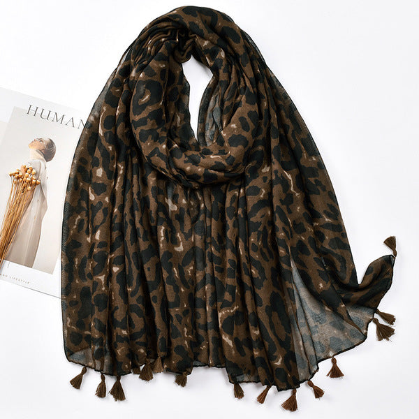 Fashionable Dark Brown Leopard Printed Imported Summer Friendly Long Tassel Hijab / Orna
