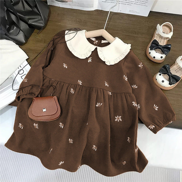 Imported Baby Girl Flower Embroidered Brown Color Lapel New Baby Girl Long-Sleeved Pullover Princess Dress