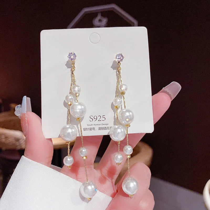 Beautiful pearl long tassel earrings