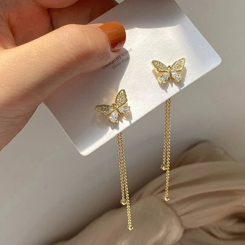 Stylish butterfly crystal tassel earrings