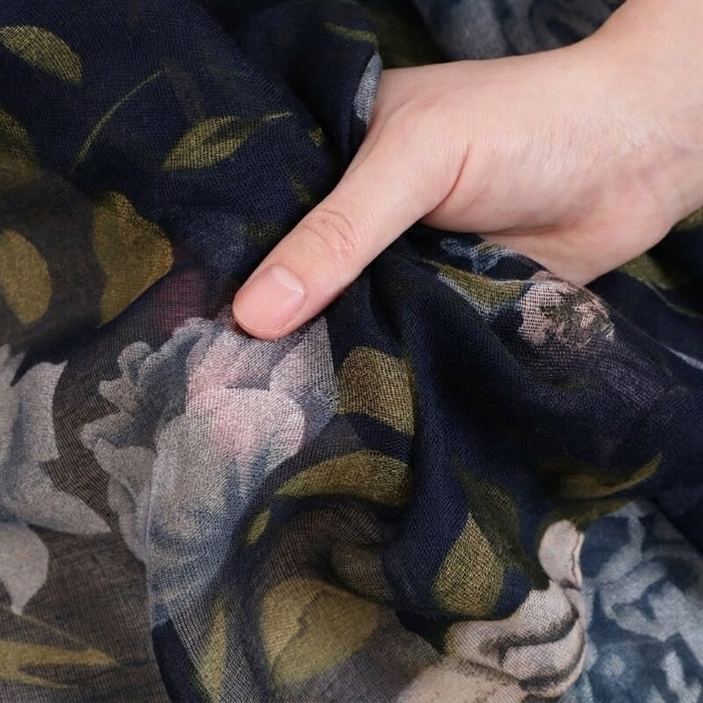 Elegant Navy Blue Color Floral Patterned Soft Lightweight Long Hijab / Orna