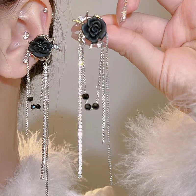 Elegant black rose tassel earrings