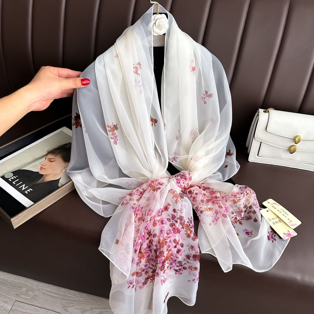Stylish Pink Floral Printed Imported Long Silk Scarf / Orna
